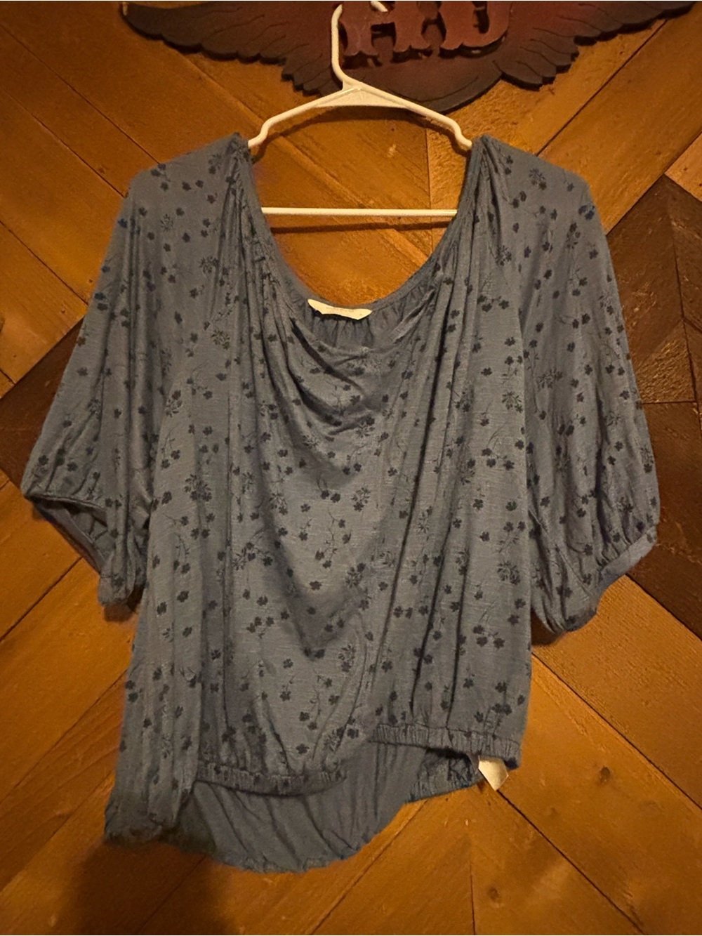 Lucky Brand Slate Blue Floral Drop‑Hem Blouse